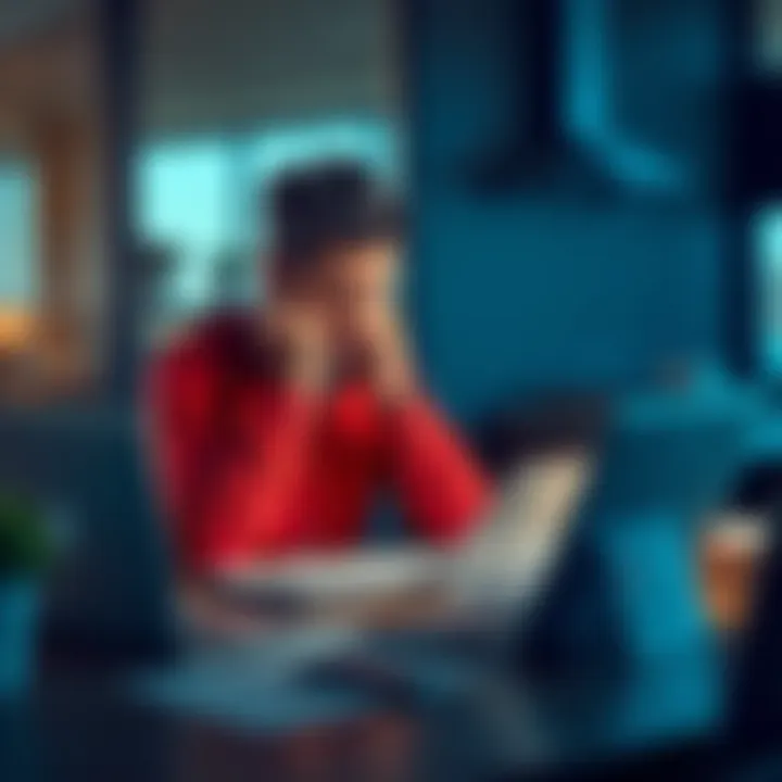 A worried individual sits at a desk, staring at financial papers and a laptop, reflecting on financial losses.