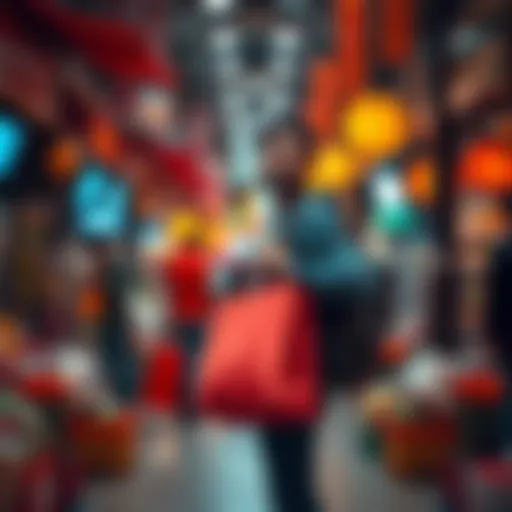 Individual confidently holding shopping bags, symbolizing investment and patience in a busy market environment