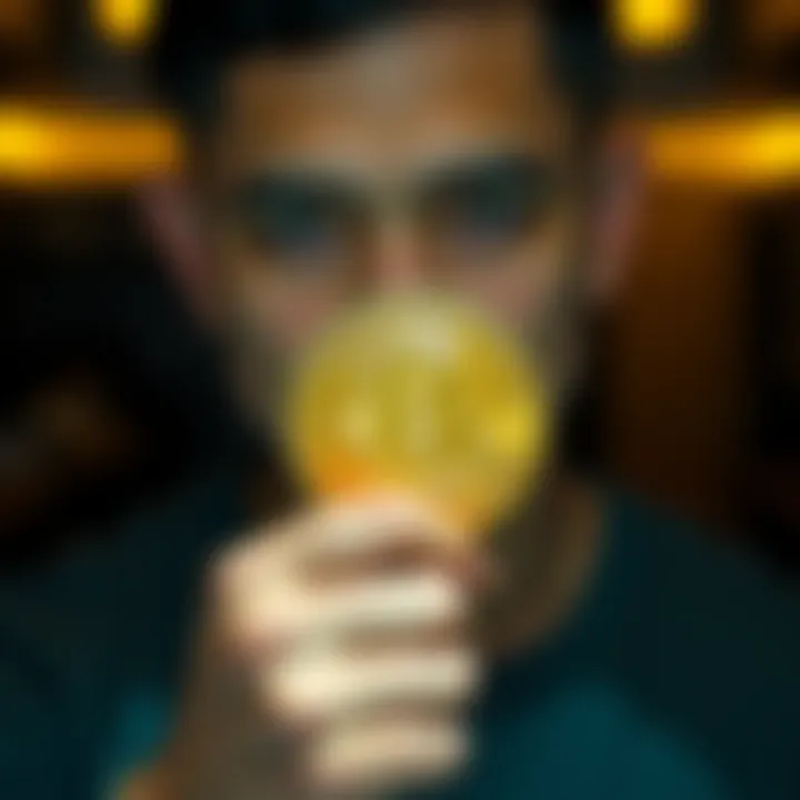 Person Holding a Bitcoin A person with a thoughtful expression holding a Bitcoin, symbolizing the search for Satoshi Nakamoto's identity in the crypto community.