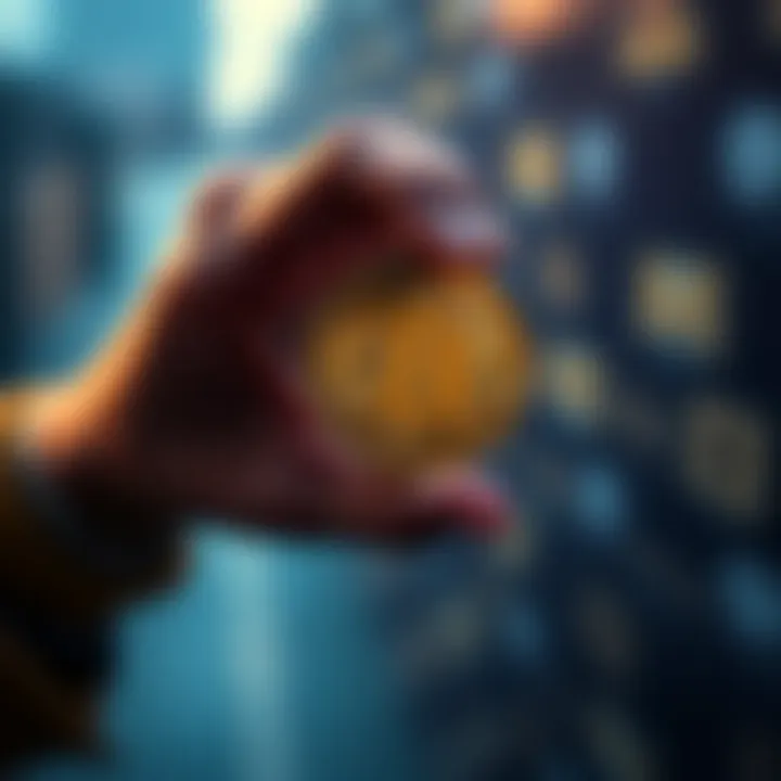 A person holds a Bitcoin coin in one hand, symbolizing ownership and investment in cryptocurrency.