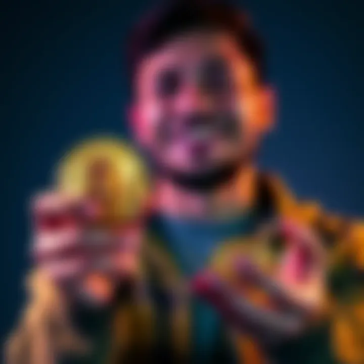 A person smiling while holding Bitcoin coins in their hands, representing enthusiasm for cryptocurrency investment.