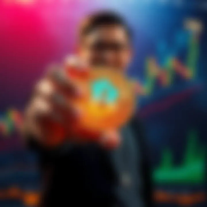 Individual confidently holding a Bitcoin symbol with a market chart showing upward trends in the background