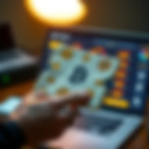A person’s hand holding a paper wallet with Bitcoin symbols, looking at a laptop screen showing cryptocurrency information.