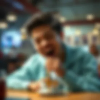 A person laughing after spilling coffee on themselves, showing humor in an everyday mistake.