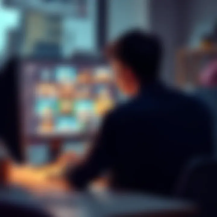 A person sitting at a desk, staring at a computer screen filled with images of parcels, showing signs of temptation and distraction while trying to save money