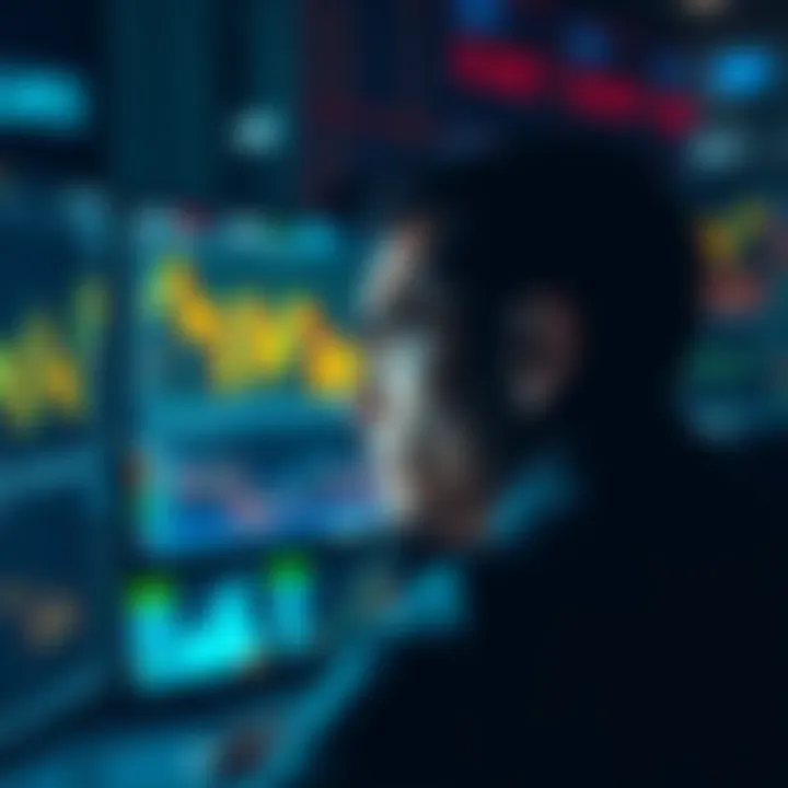 An individual gazes at computer screens displaying fluctuating stock charts, reflecting deep concern over investment losses.