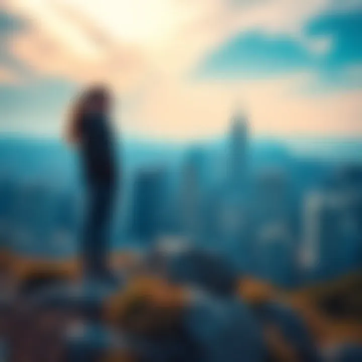 A person standing on a hilltop, gazing at a sprawling city skyline, symbolizing the pursuit of dreams and satisfaction.