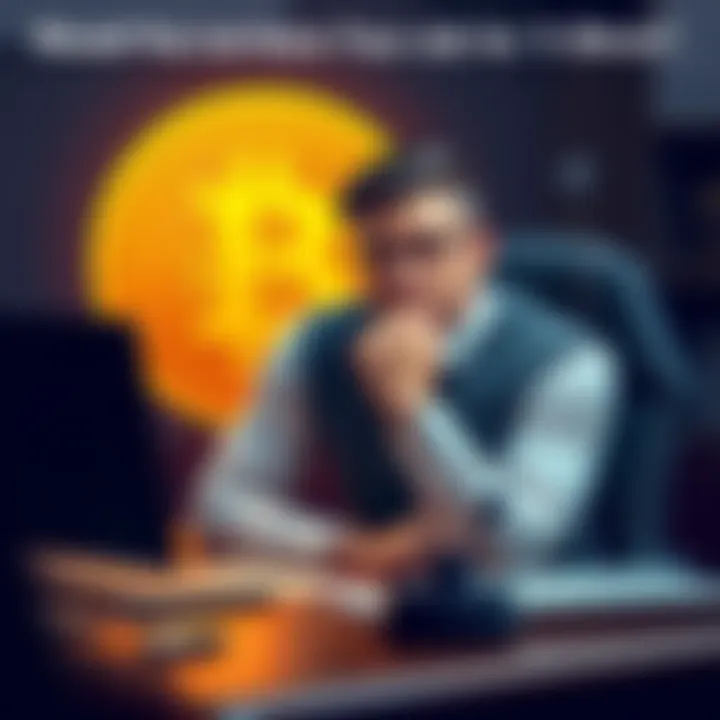 A person sitting at a desk with a thoughtful expression, considering leaving their job for cryptocurrency opportunities, with a Bitcoin symbol in the background.