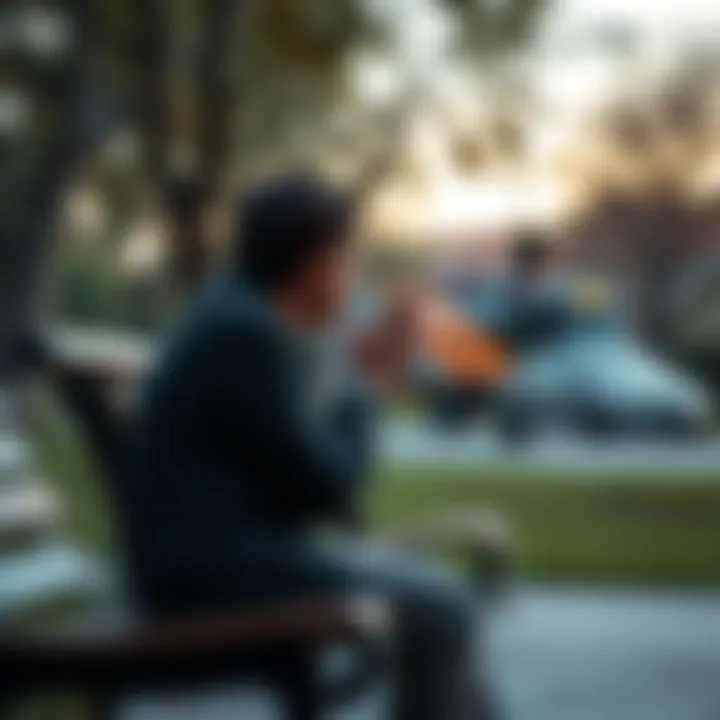 A person sitting alone on a park bench, looking thoughtful and contemplative, with hands clasped together, seeking support from the community.
