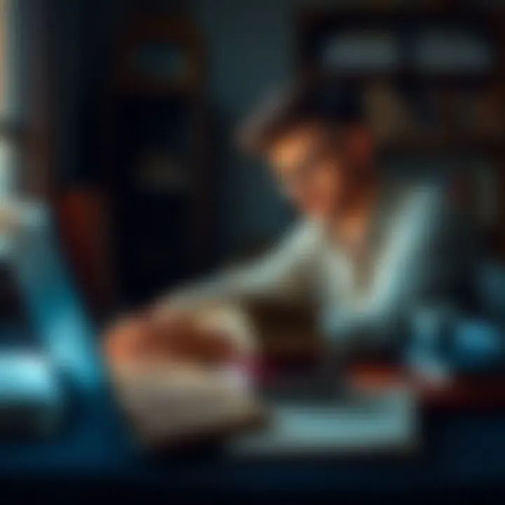 A person focused on reading difficult material on a laptop, surrounded by books and notes.