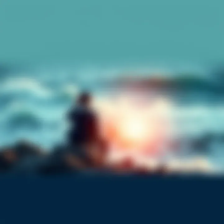 A person sitting alone on a rocky shore, looking out at the turbulent sea, symbolizing the struggle and growth through pain.