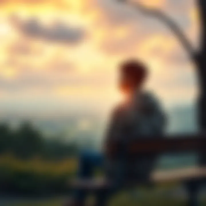 A thoughtful person sitting on a bench, looking at a scenic view, symbolizing the importance of enjoying life's journey without rushing to celebrate accomplishments.