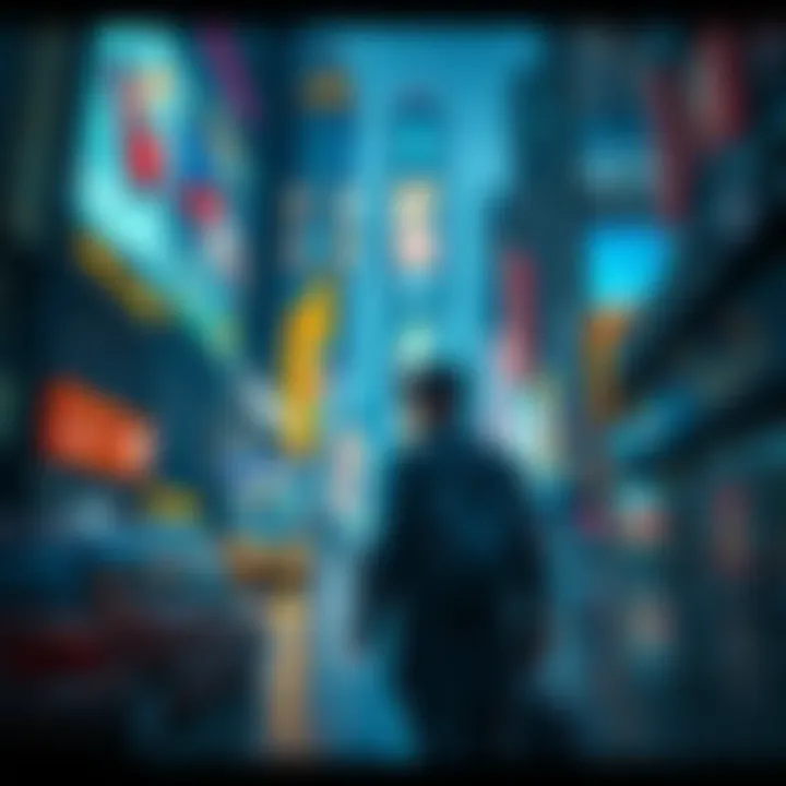 Person rejoining social life A person stepping out into a bustling city after years of isolation, looking amazed at the changes around them.