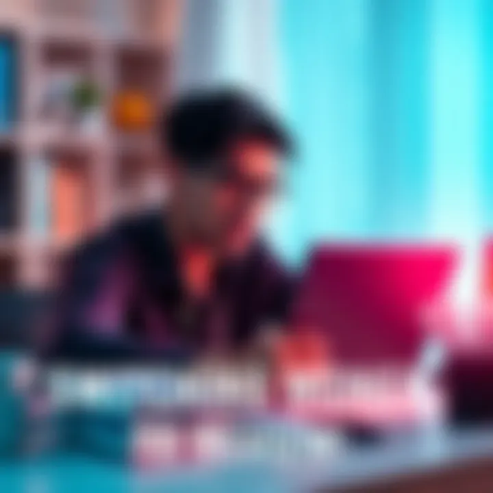 Person reviewing bank accounts A person sitting at a desk with a laptop, contemplating switching bank accounts, looking concerned about finances.