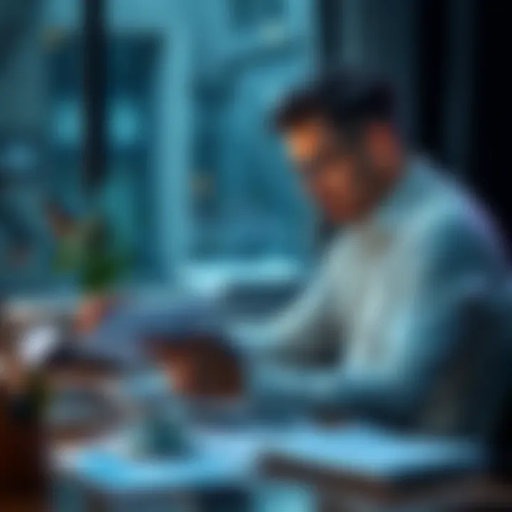 A person sitting at a desk, looking at financial documents and a laptop, focusing on increasing earnings