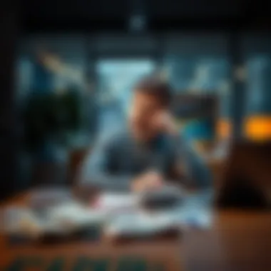 A person sitting at a table with bills and a laptop, contemplating a personal loan to manage credit card debt