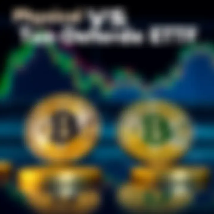 A visual comparison of physical Bitcoin coins versus a tax-deferred Bitcoin ETF graphic, showcasing long-term investment choices.