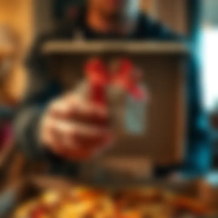 A person holding a strange item received as a gift from a pizza delivery, with a pizza box in the background.