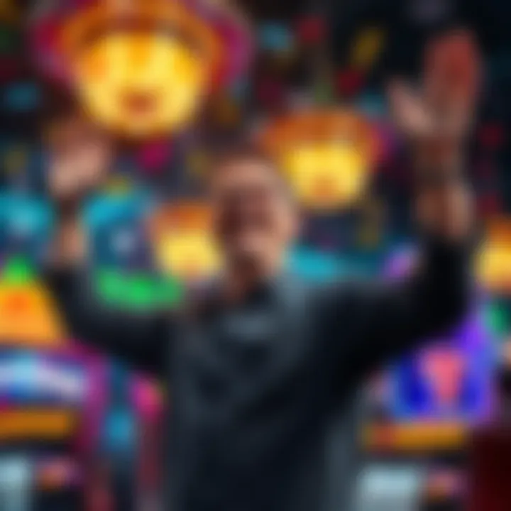 A joyous player raising hands in celebration after hitting the jackpot, surrounded by colorful confetti and bright lights.