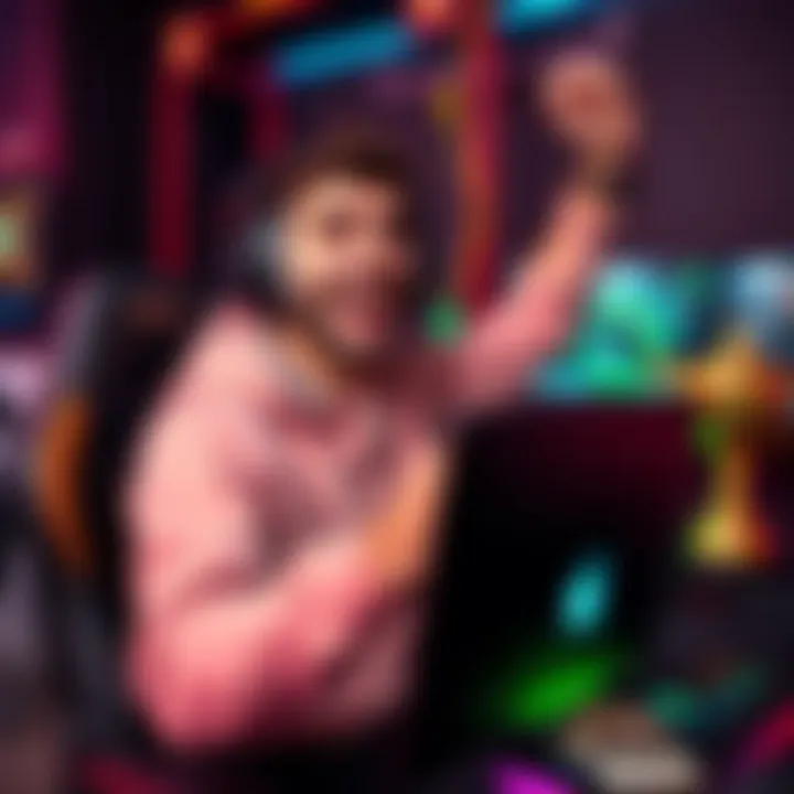 A gamer with a big smile celebrating a win on their gaming setup with a trophy and cash in view