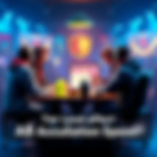 A group of game players representing various tiers, discussing their accumulation experiences around a table with game-related items and charts.