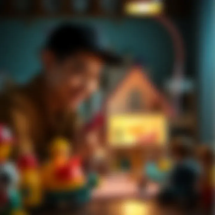 Playing with a dollhouse A person smiling while arranging miniature furniture in a colorful dollhouse, surrounded by childhood toys, representing joy and nostalgia.