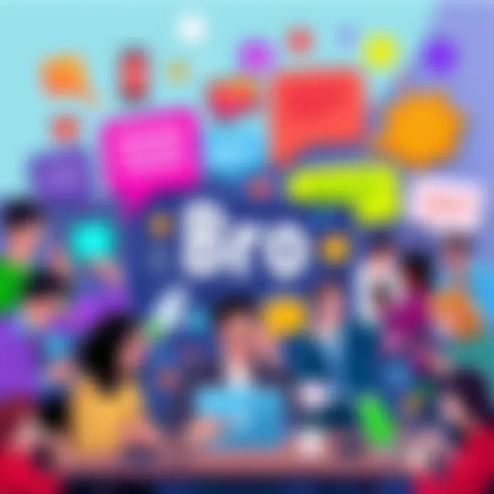 Pocket Bro Trend Illustration A vibrant collage showing people discussing the Pocket Bro trend on various forums, with colorful speech bubbles and tech gadgets around.