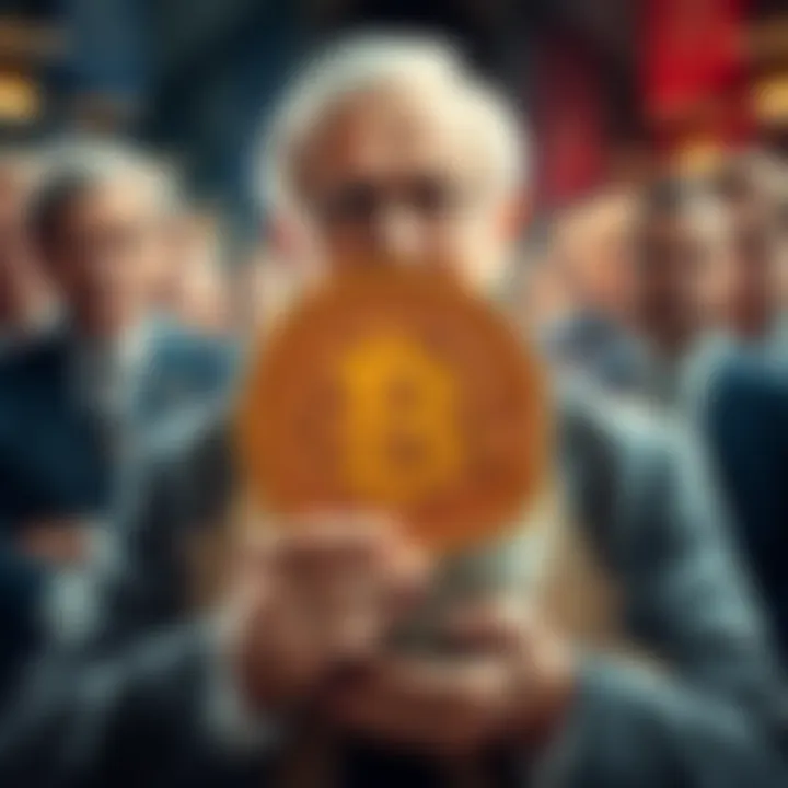 A politician holding a Bitcoin symbol, surrounded by money bags and fund managers, depicting corruption in politics.