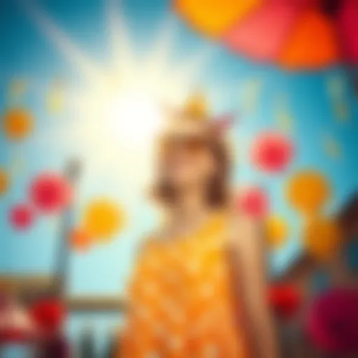 Colorful Polka Dot Dress in Sunshine A person wearing a bright polka dot dress smiles under the sun, surrounded by cheerful decorations that reflect a Little Miss Sunshine theme.
