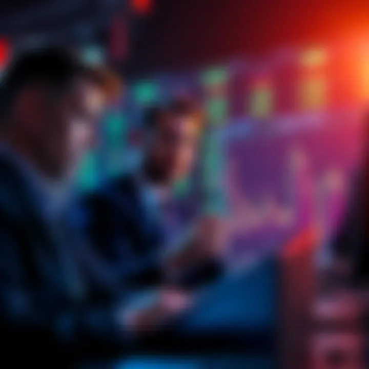 A group of traders discussing a market chart on prediction markets with concern on their faces amid allegations of insider trading.