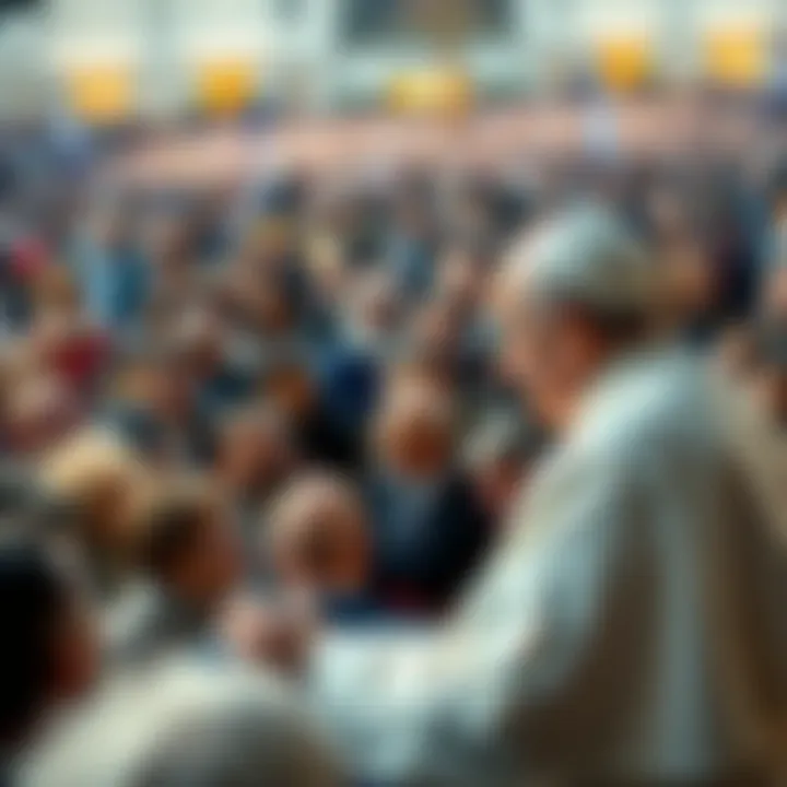 Pope speaking to a diverse crowd The Pope addressing a large group of people, emphasizing unity and faith, with a mix of cultural backgrounds in attendance.