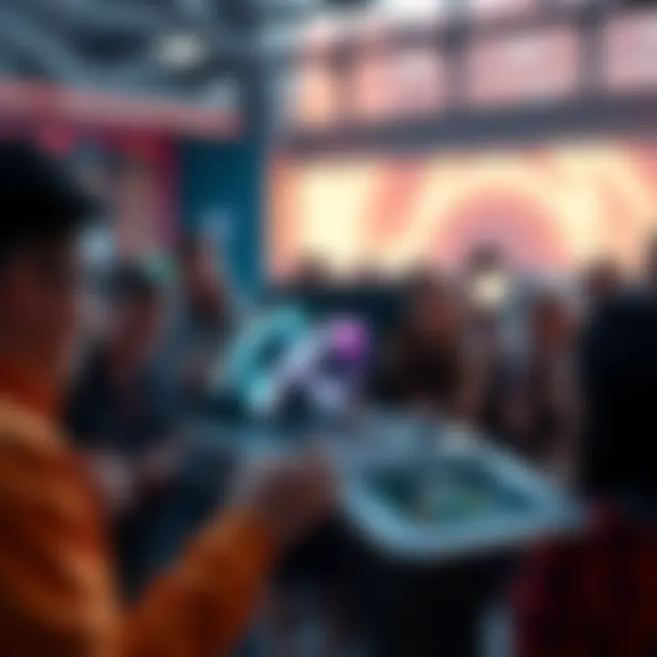 A sleek, modern gadget that showcases innovative technology and design, surrounded by excited people discussing its features.