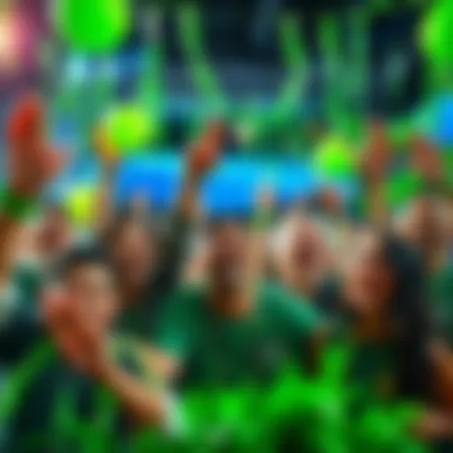 Positive Energy and Green Day A vibrant scene showing people celebrating positivity and success on a Thursday, surrounded by green decorations and smiling faces.