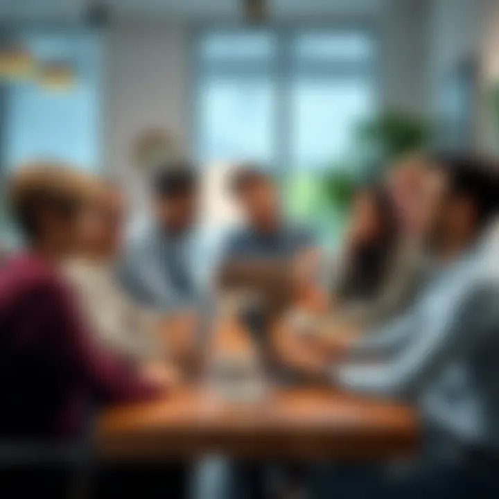 A diverse group of people engaged in a friendly discussion at a table with laptops and coffee, showing collaboration and support.