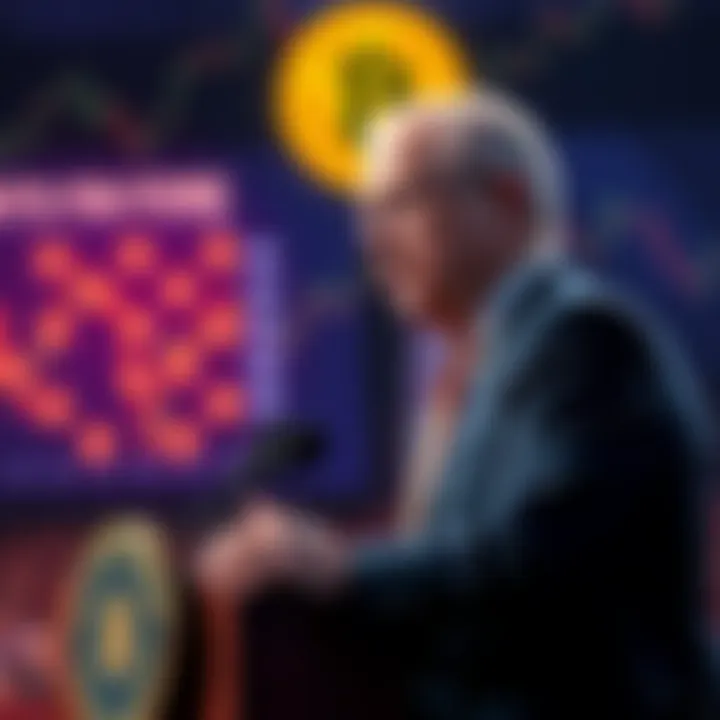 Federal Reserve Chairman Jerome Powell speaking at a podium with Bitcoin graphics in the background, suggesting a potential price surge