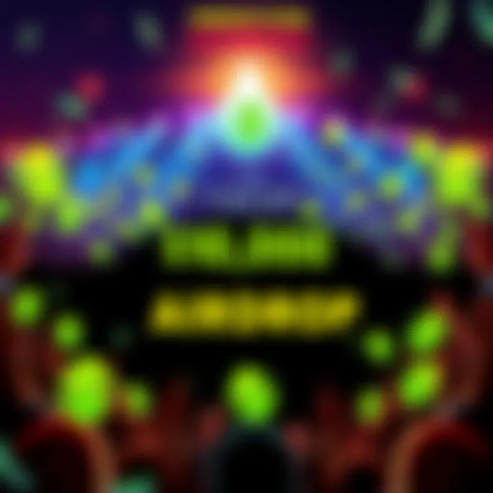 Prediction Showdown Airdrop Graphic showing a $10,000 airdrop with dollar signs and a cheering crowd, highlighting the excitement of winning through predictions.