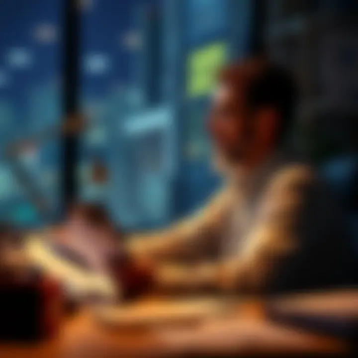 Person considering premium plan Individual sitting at a desk surrounded by documents, evaluating the benefits of a premium plan without a travel focus