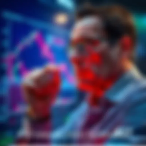 A concerned investor looking at a stock chart showing declining prices, with a hand on their chin in thought