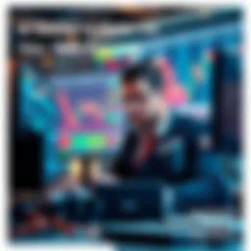 A professional trader analyzing stock market charts on a computer, looking focused and determined