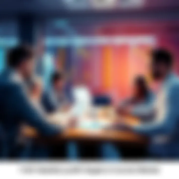 People discussing realistic profit targets in a meeting with charts and graphs on the table.