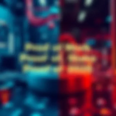 A visual comparison of Proof of Work and Proof of Stake concepts in blockchain technology, featuring mining hardware and a representation of PoS networks.