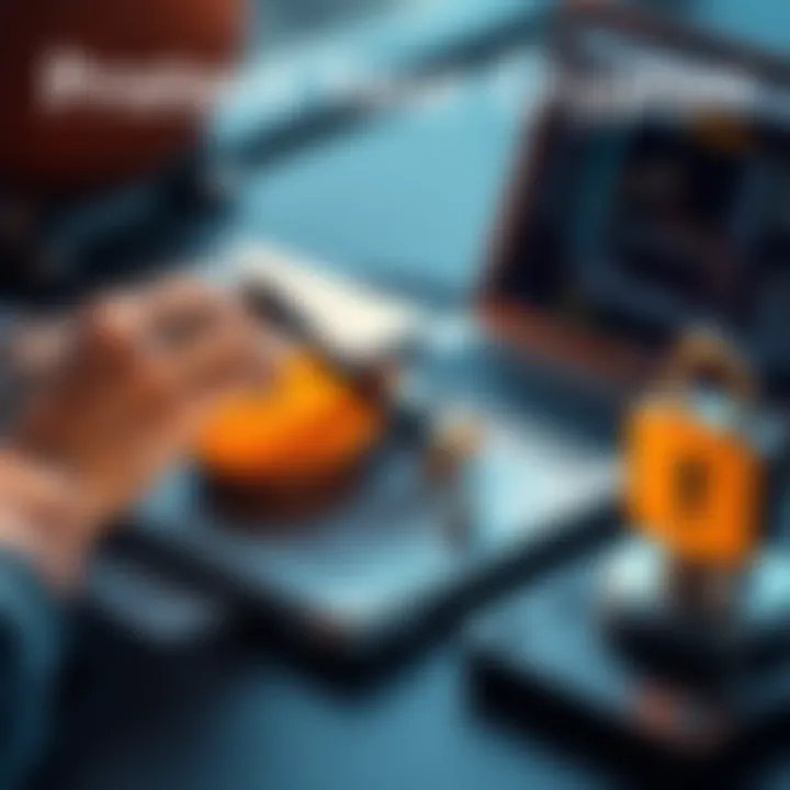 A person writing down recovery phrases for cryptocurrency security on a notepad, surrounded by a laptop and a secure lock symbol.