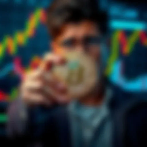 A person holding a Bitcoin while looking concerned about market volatility. The background shows fluctuating stock charts and financial graphs.