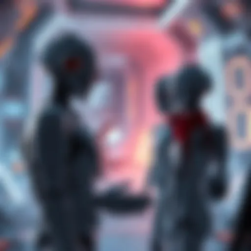 A group of people chatting about protocol droids, with futuristic technology in the background.