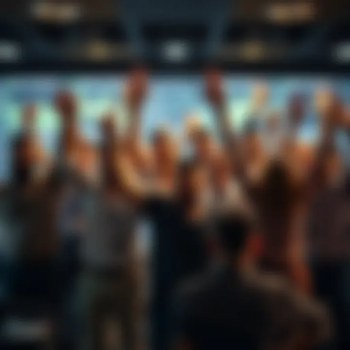 A group of diverse traders celebrating their financial success with charts and graphs showing profits in the background.
