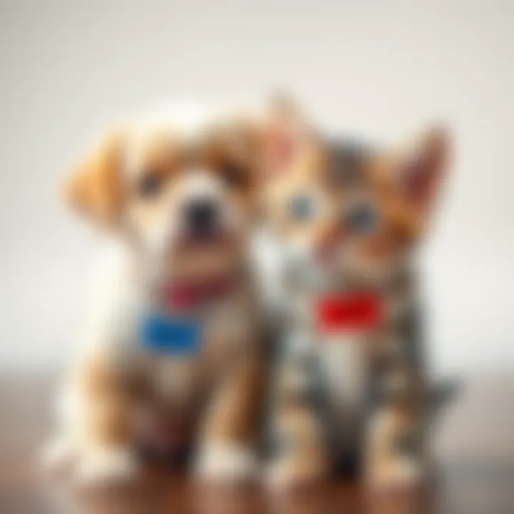 A playful puppy and kitten with name tags A cute puppy and a kitten sitting together, each wearing a colorful name tag, representing fun pet names.
