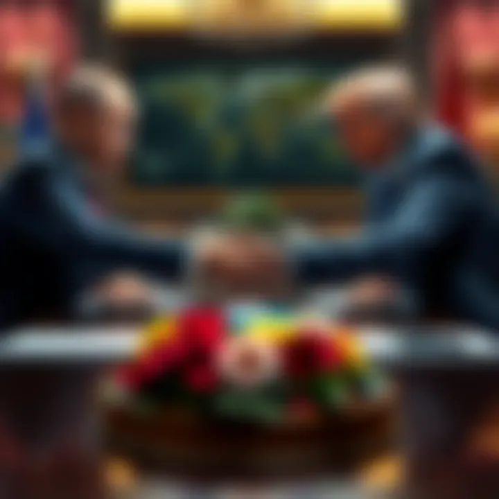 Putin and Trump Discuss Peace Talks Russian President Vladimir Putin and former President Donald Trump shaking hands at a table during peace talks on Ukraine