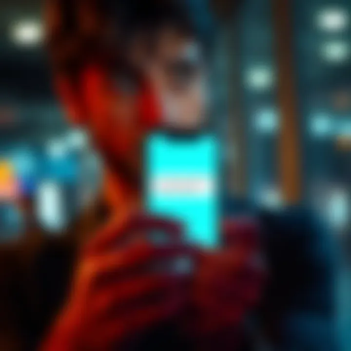 A person with a confused expression, holding a smartphone with a strange message displayed on the screen