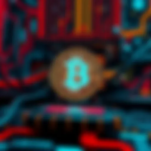 A quantum computer with a glowing Bitcoin symbol in front, highlighting the relationship between quantum tech and cryptocurrency security