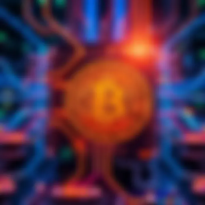 A visualization of a quantum computer with glowing circuits and a digital Bitcoin symbol, representing the potential threat to Bitcoin encryption.